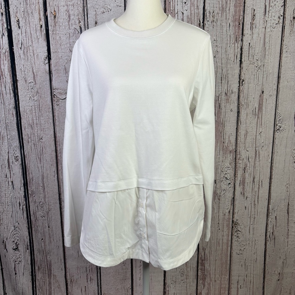 Athleta Size Small White Gallery Top Mixed Media Shirt Relaxed Fit Longer Length